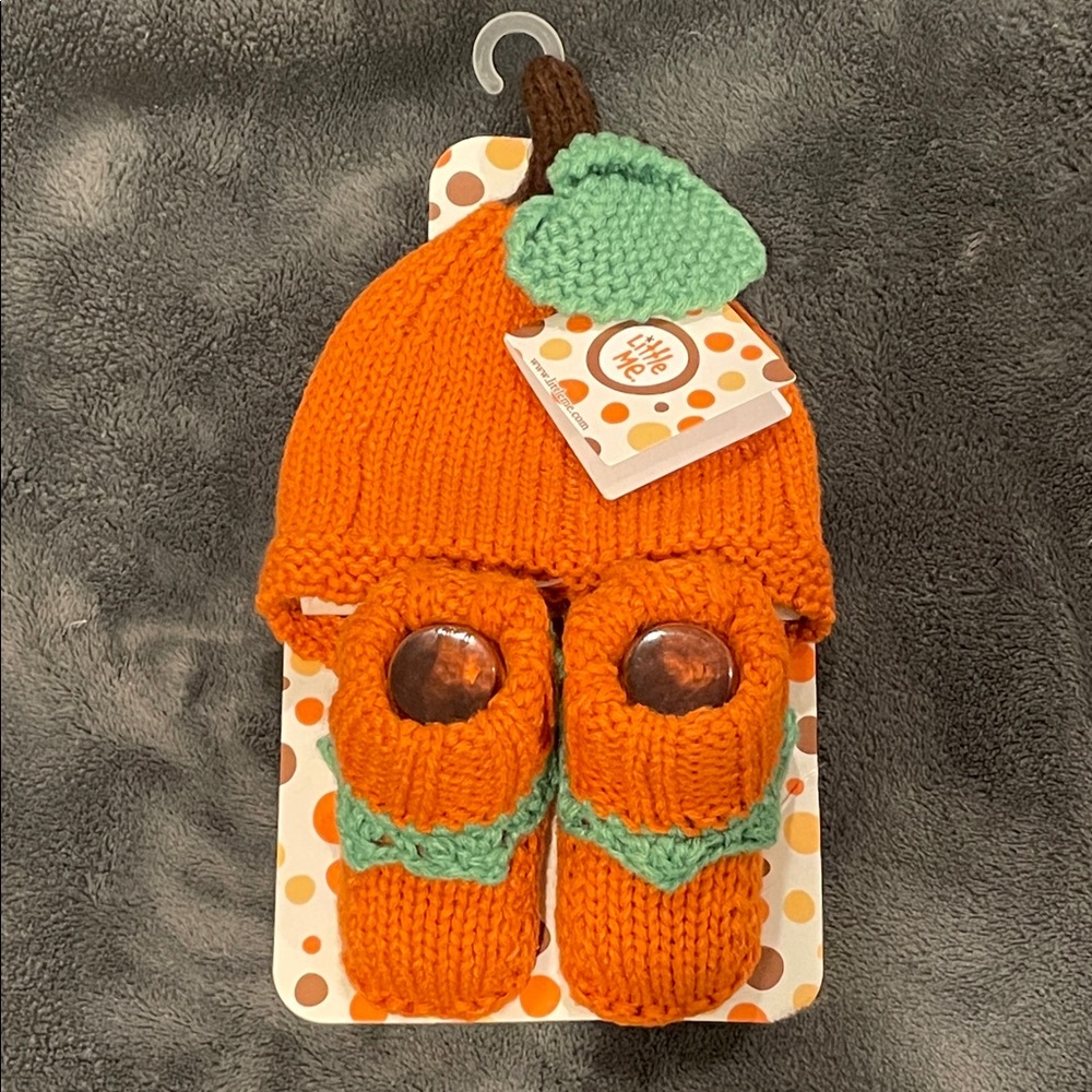 Little Me Pumpkin Knit Hat and Booties Set - Orange and Green